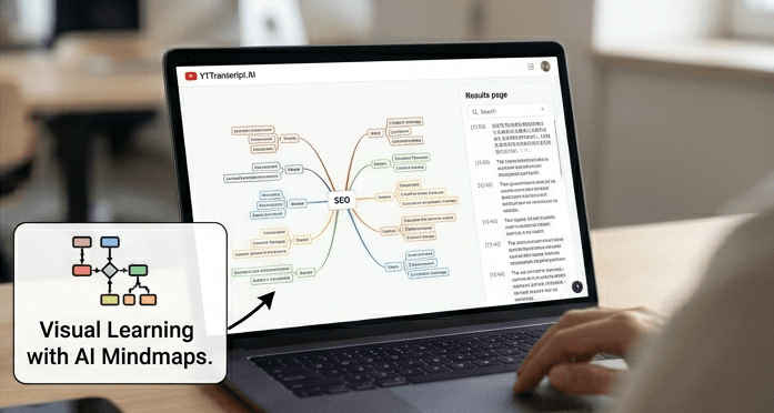 Turn YouTube Videos into Visual Mindmaps for Better Understanding YTTranscript.AI generating a colorful AI mindmap from a YouTube video transcript for visual learning and brainstorming
