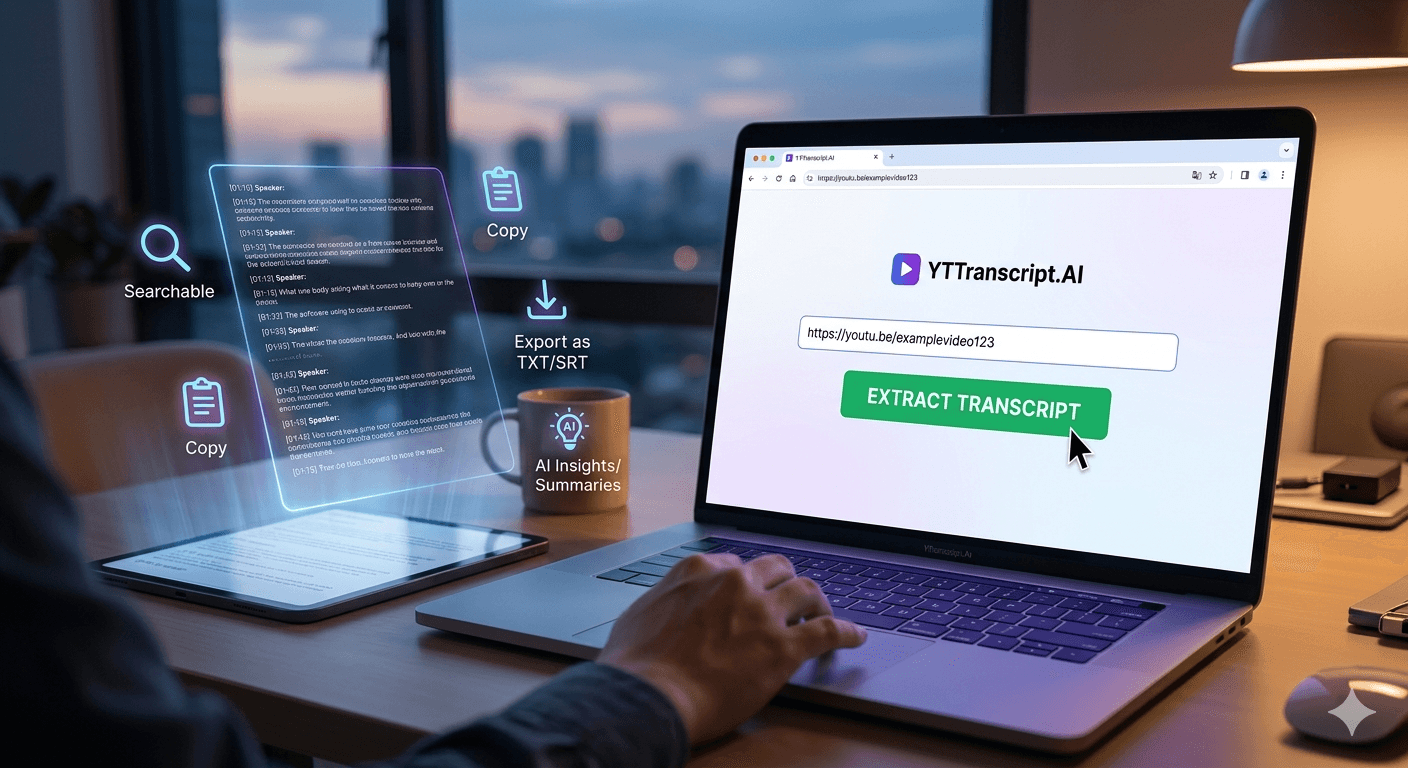 7 Best YouTube Transcript Tools in 2026 (Free and Paid) YTTranscript.AI extract transcript interface with floating UI panels showing copy, search, AI insights, and export features on a modern desk setup