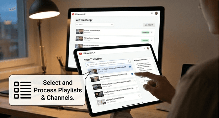 Bulk YouTube Transcript Extraction: Process Playlists and Channels Multiple devices showing YTTranscript.AI bulk extraction interface for selecting and processing entire YouTube playlists and channels