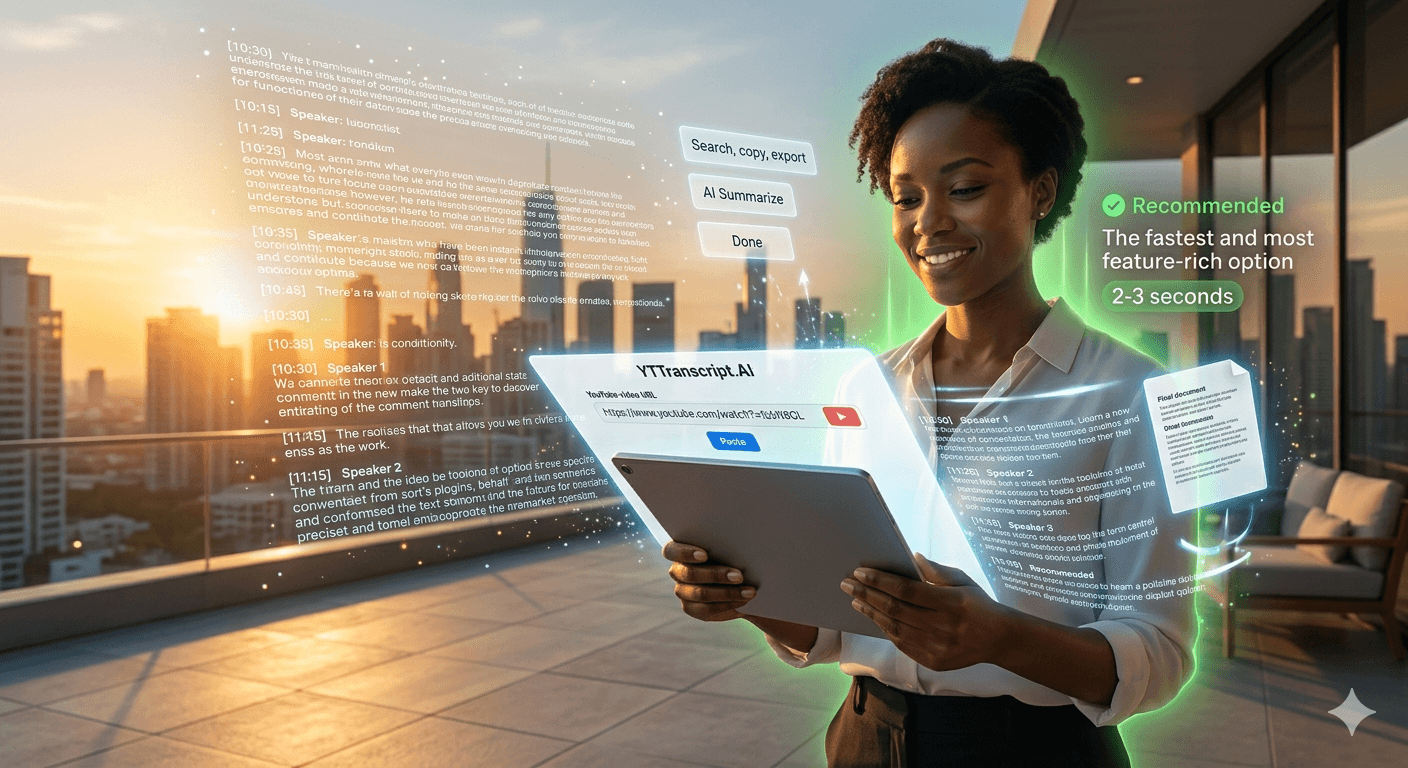 Why Every Content Creator Needs a YouTube Transcript Tool Content creator using YTTranscript.AI on a tablet outdoors to extract and repurpose YouTube video transcripts into written content