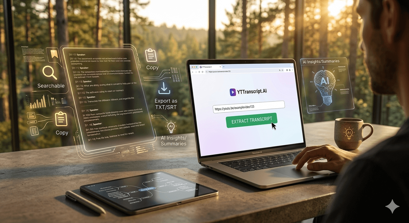 How to Convert a YouTube Video into a Blog Post (Step-by-Step) Content creator using YTTranscript.AI on laptop in scenic workspace to convert YouTube videos into SEO-optimized blog posts with AI tools