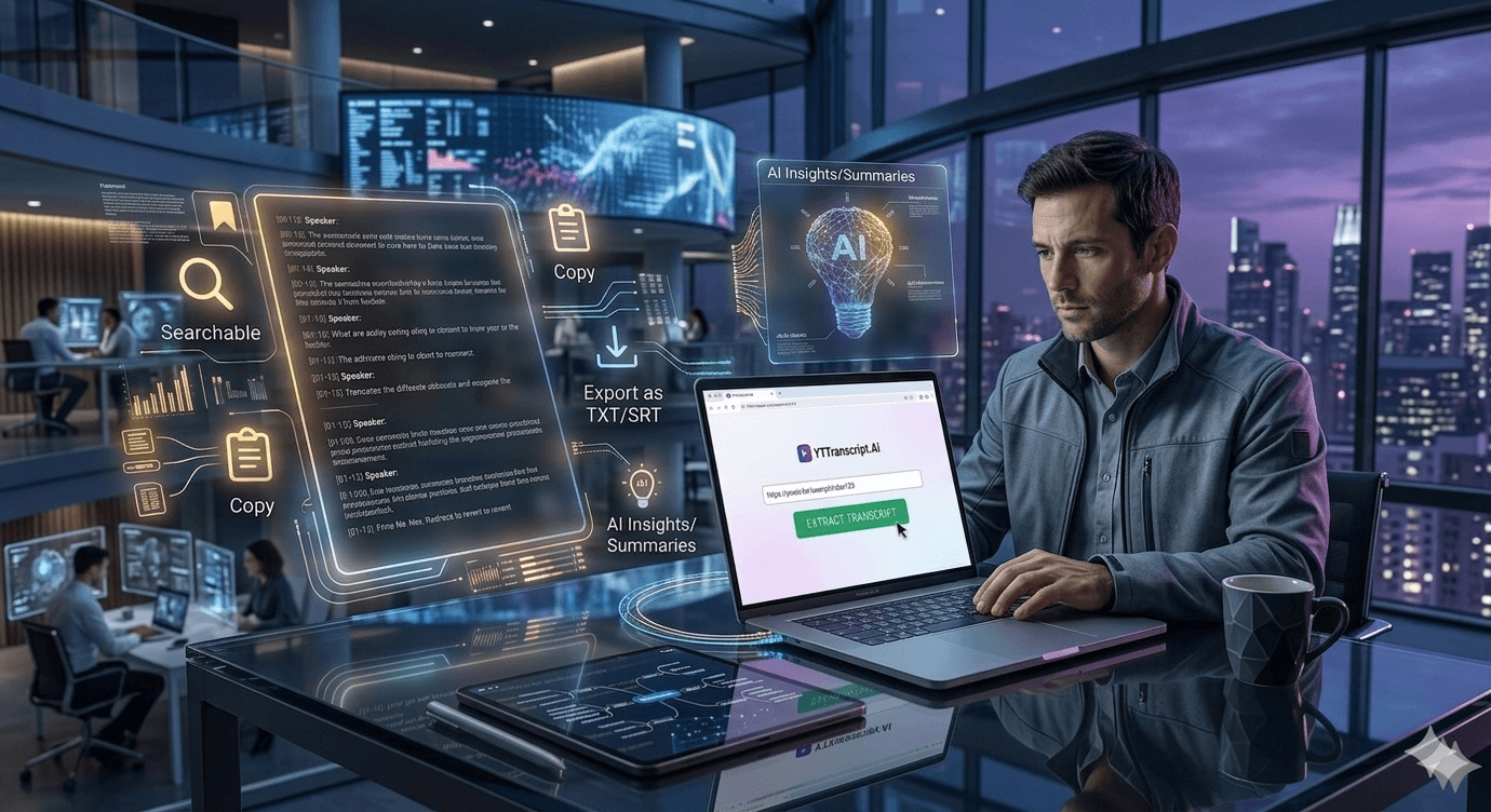 The Future of YouTube Transcription: What Is Coming in 2026 and Beyond Futuristic workspace with holographic UI panels showing the future of YouTube transcription technology in 2026 with AI-powered real-time translation and speaker diarization