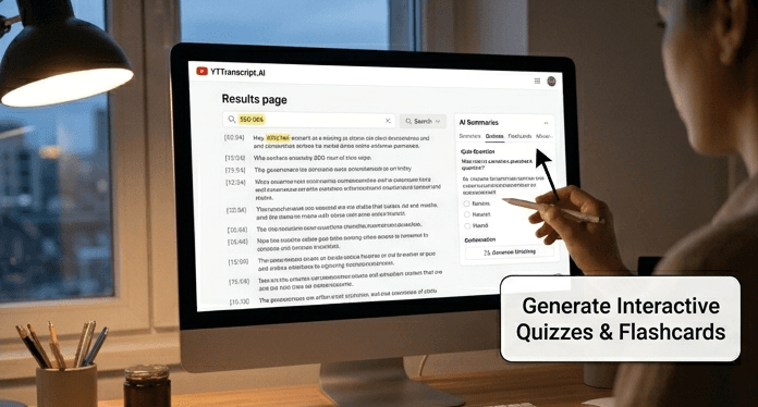 Generate Quizzes and Flashcards from YouTube Videos with AI YTTranscript.AI generating interactive quizzes and study flashcards from a YouTube video transcript using AI