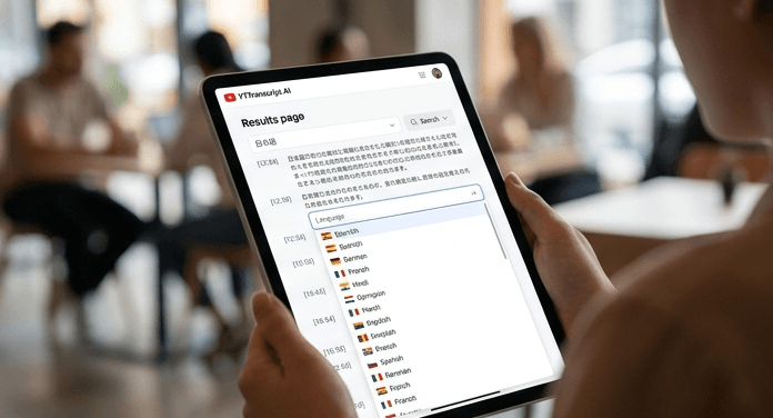 How to Extract YouTube Transcripts in Any Language (100+ Supported) Tablet showing YTTranscript.AI language selection dropdown with country flags for extracting YouTube transcripts in 100+ languages