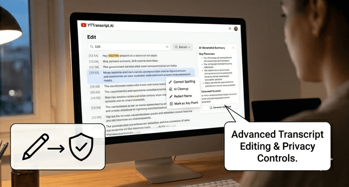 YouTube Captions vs. Subtitles: What Is the Difference? YTTranscript.AI advanced transcript editing interface with spell checking, privacy controls, and caption formatting tools