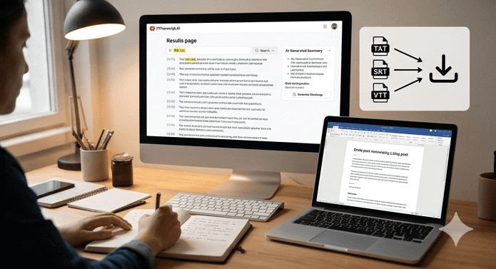 YouTube to Text: 10 Ways to Repurpose Video Content as Written Content Multiple screens displaying YouTube video transcript being repurposed into blog posts, articles, and written content formats
