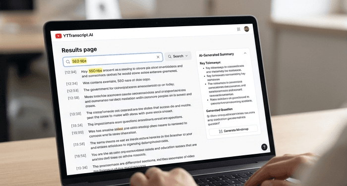 How to Get the Transcript of a YouTube Video (3 Methods) YTTranscript.AI results page showing a YouTube video transcript with AI-generated summary, search highlighting, and key takeaways panel