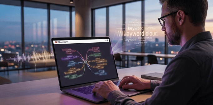 How to Use YouTube Transcripts for SEO (Complete Strategy) YTTranscript.AI keyword cloud visualization showing SEO keyword analysis extracted from a YouTube video transcript