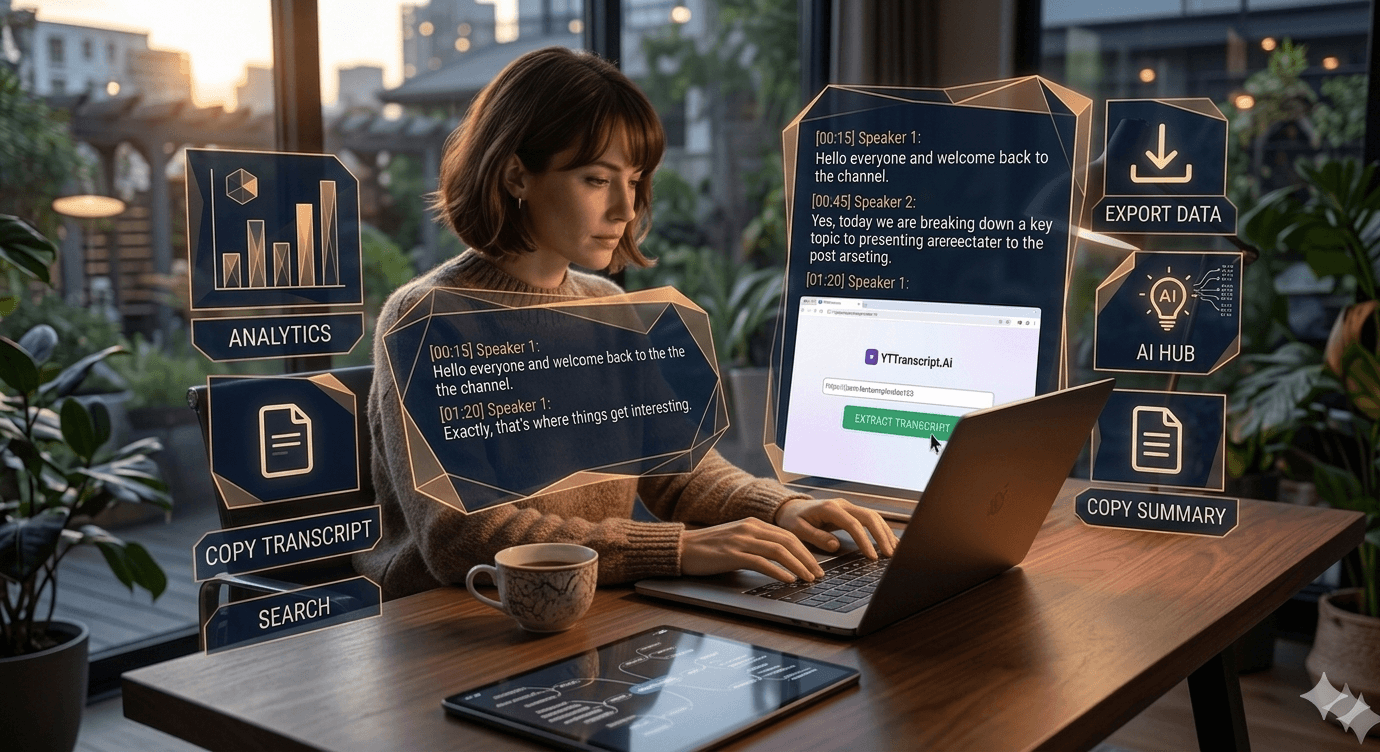 How to Turn YouTube Meeting Recordings into Action Items Professional using YTTranscript.AI to convert YouTube meeting recordings into searchable transcripts with analytics, copy transcript, search, and AI summary panels for action items